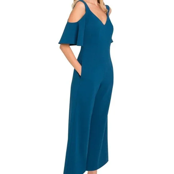 Black Halo Monaco Cropped Cold-shoulder Ruffled Cady Jumpsuit 12 - Picture 3 of 4